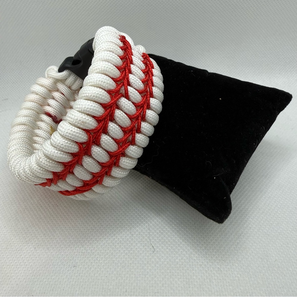 Handmade Baseball Stitch Paracord Bracelet Red & White with Side Release Buckle